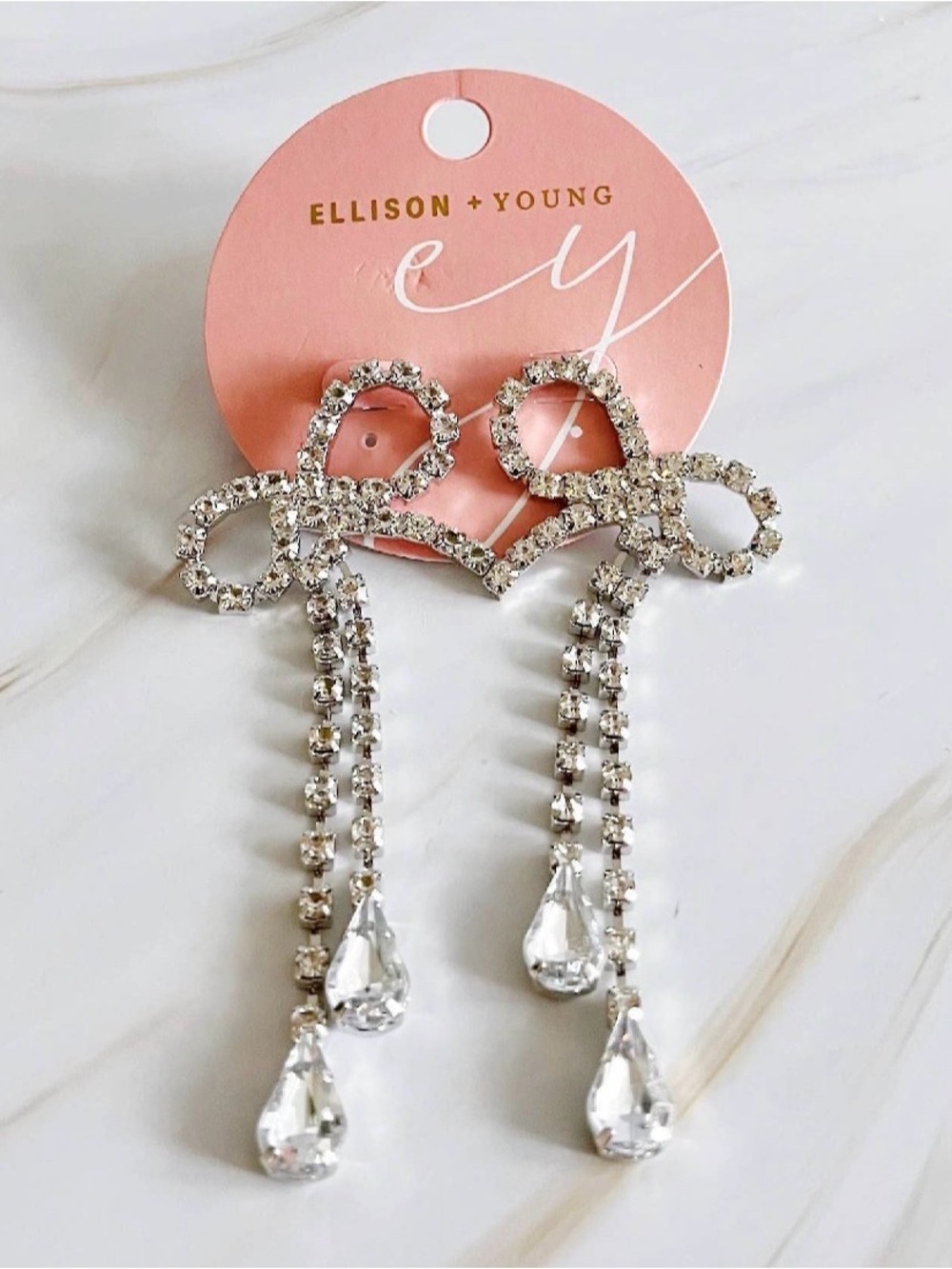 Silver Crystal Teardrop Bow Dangle Earrings - Clear Rhinestones NWT